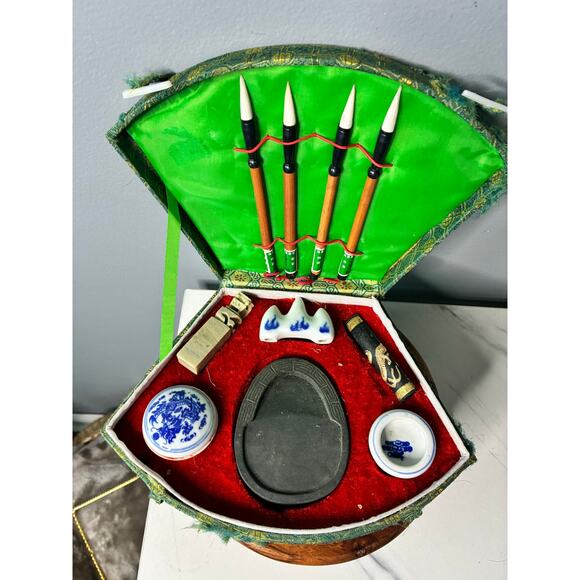 Vintage Chinese Calligraphy Writing Set in Brocade Case - Picture 3 of 11